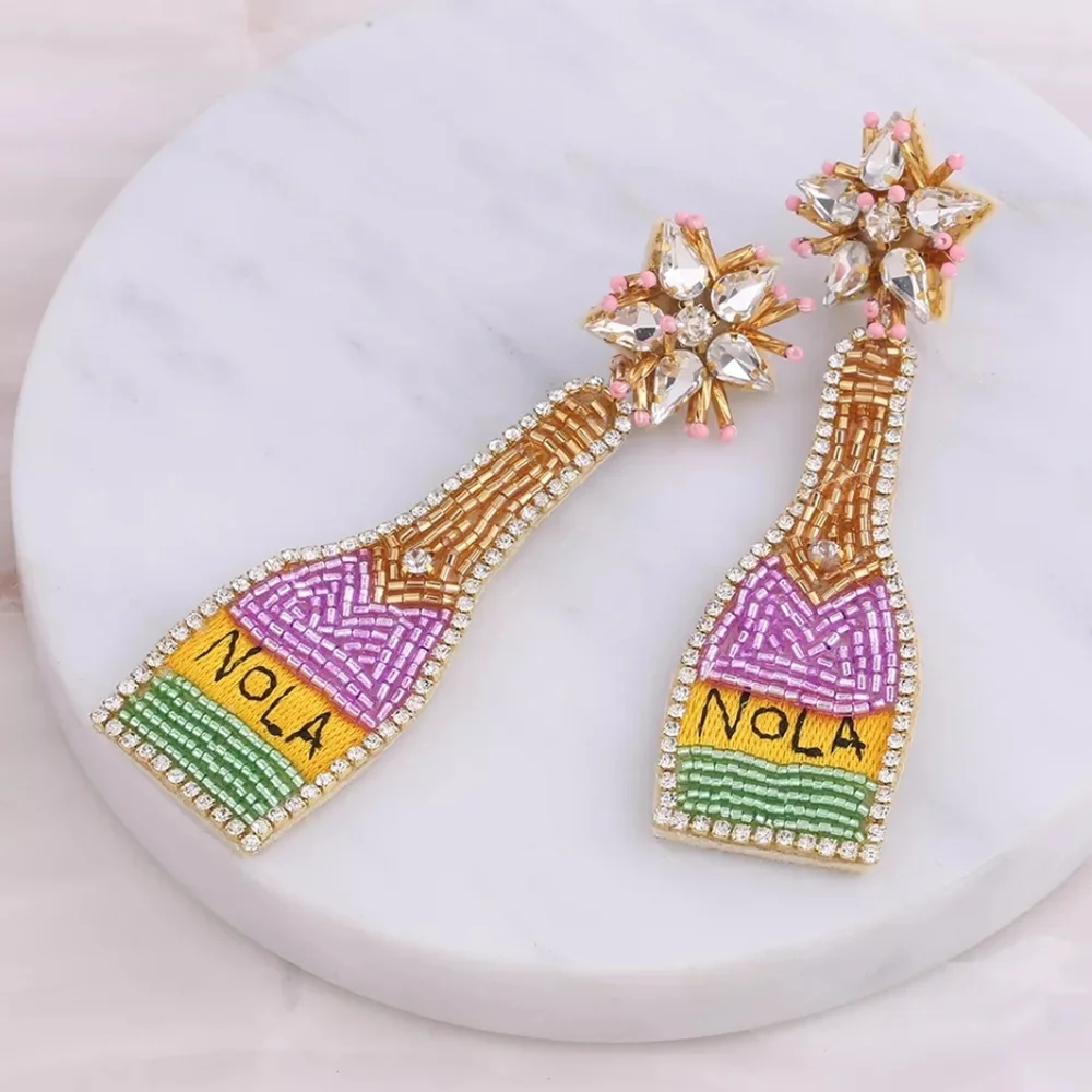 New Orleans NOLA Beaded Statement Earrings Mardi Gras Colors with Crysta… - Picture 4 of 8